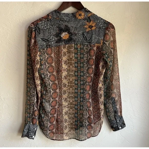 Desigual Mixed Print Boho Button Up Top XS Semi Sheer Patchwork Bohemian Luxury - Picture 2 of 7